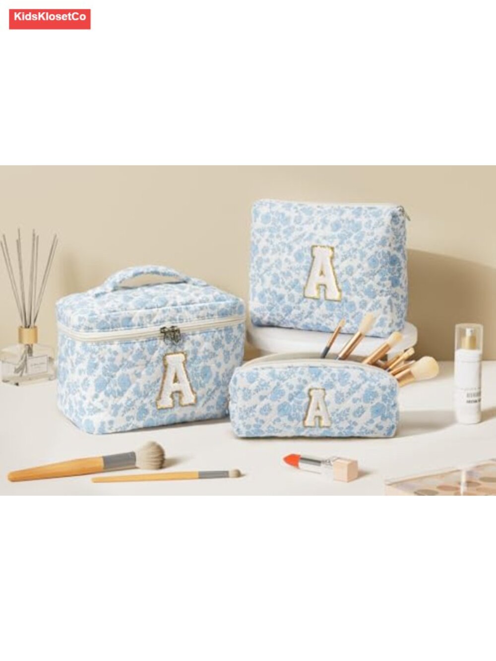 Personalized Initial Quilted Makeup Bag Set, Floral Cosmetic Toiletry Travel - Picture 5 of 6